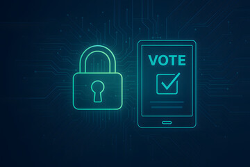 Mobile phone voting security concept padlock symbol protecting electronic ballot integrity smartphone election application, prevention of tampering, secure remote democratic process, cyber defense
