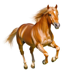 Obraz premium Graceful galloping chestnut horse with flowing mane and tail running on white background showcasing power speed and elegance in motion