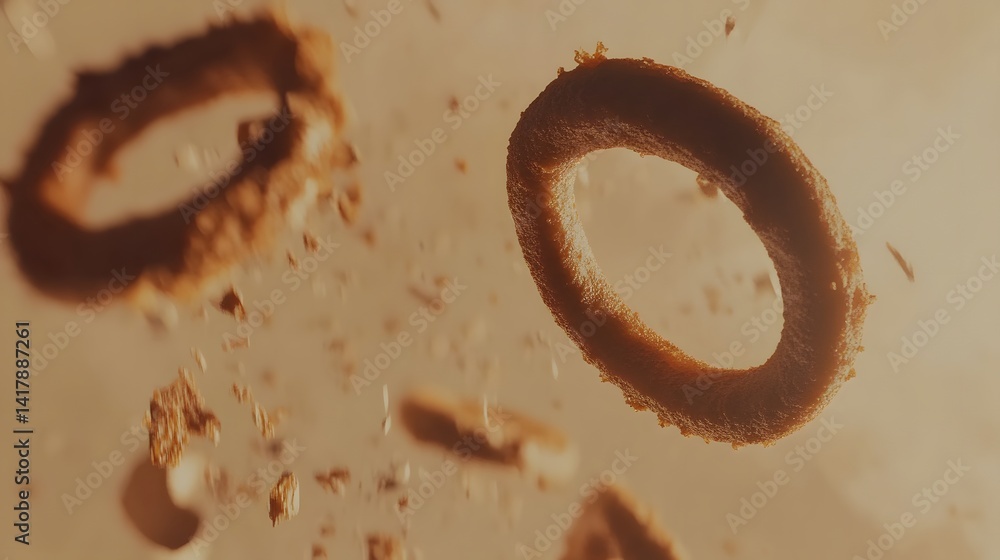 Poster close-up of crispy onion rings falling against a soft, beige backdrop. crumbs and fragments of the r