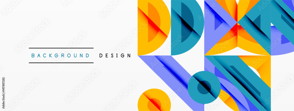 Poster Abstract geometric shapes, vibrant colors, modern design. Overlapping layers create dynamic visual effect. Clean, minimalist aesthetic.