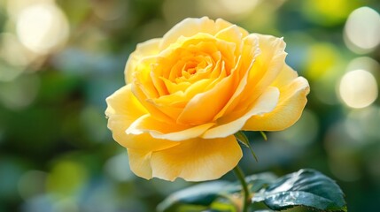 Yellow rose blooming in garden with blurred foliage, sunlight, and bokeh background