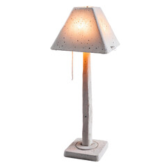 Obraz premium Elegant white lamp with a textured finish, featuring a unique geometric shade illuminating softly against a neutral background.