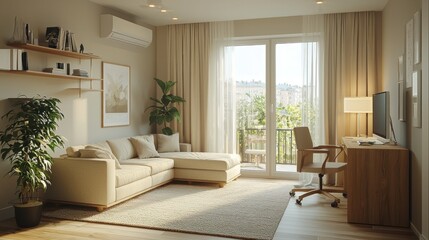 Cozy modern apartment living room with balcony