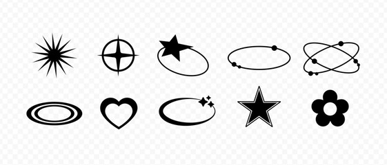High quality futuristic elements. Y2k silhouette elements. Different geometric shapes. Prints 90-s. Stars, hearts, rings