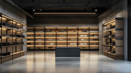 Modern minimalist retail store interior with wooden shelves, concrete floors, and warm lighting.