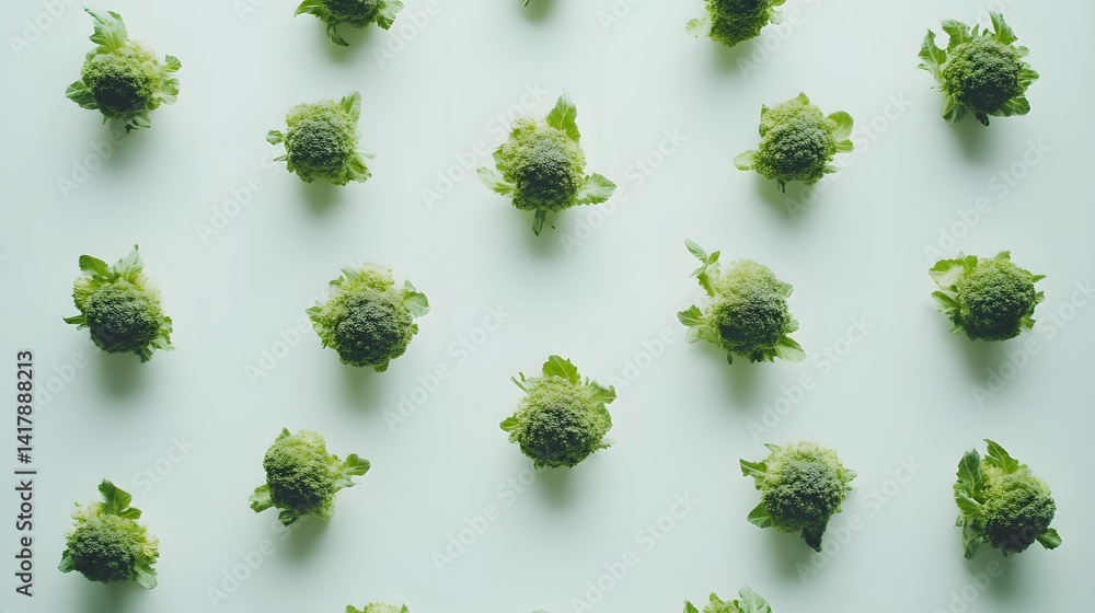 Poster a flat lay overhead shot of fresh broccoli florets arranged in a repeating pattern on a light green 