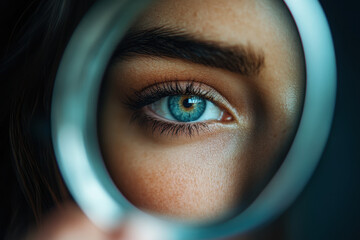 Woman looking through a magnifying glass at a map on a table, with travel accessories and a camera scattered around her workspace.