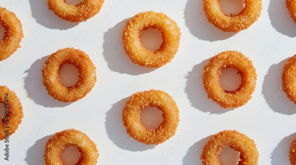 Poster overhead shot of crispy onion rings arranged in a repeating pattern on a white background. the golde