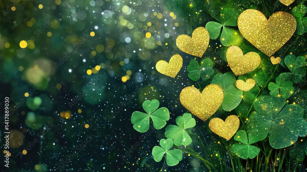 Poster green-themed image with layered shamrock design in heart patterns and glittery details