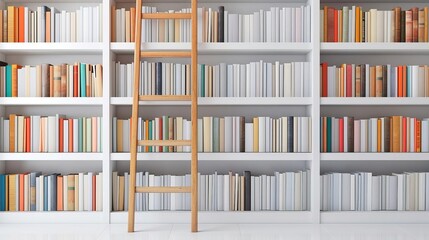 Wooden ladder leaning against a tall bookshelf filled with diverse books creating a cozy reading nook