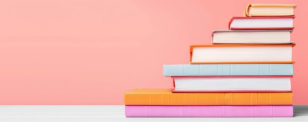 Neatly stacked collection of colorful books displayed together creating a vibrant and cheerful arrangement