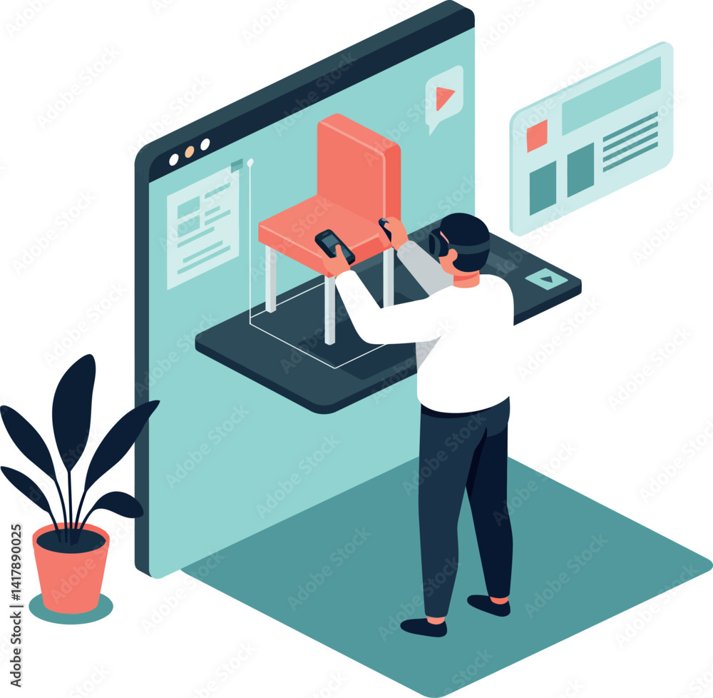 Poster man interacting with virtual chair design on digital interface flat isometric style vector illustrat