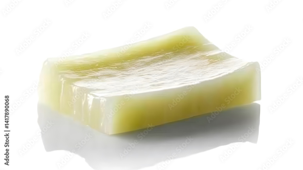 Poster a close-up shot of a translucent, pale yellow rectangular block, possibly a type of jelly or soap, s