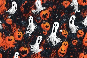 Halloween seamless pattern with ghosts and pumpkins.