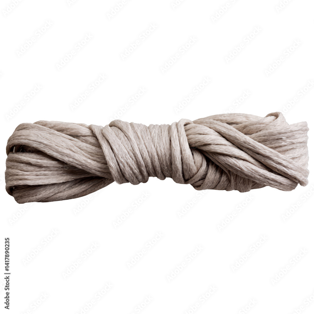Poster a neutral-colored bundle of twine or yarn lying flat on a smooth surface, highlighting texture and s