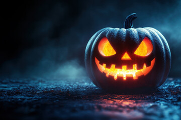 Glowing Halloween pumpkin surrounded by autumn leaves, set against a dark background. Spooky yet festive atmosphere captured in high definition.