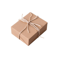 Obraz premium A neatly wrapped gift box in a simple, brown color with twine bow, set against a soft, neutral backdrop.
