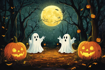 A spooky Halloween night with full moon illuminating a haunted house, bare trees, jack-o'-lanterns, and a black cat. Icons of Halloween.