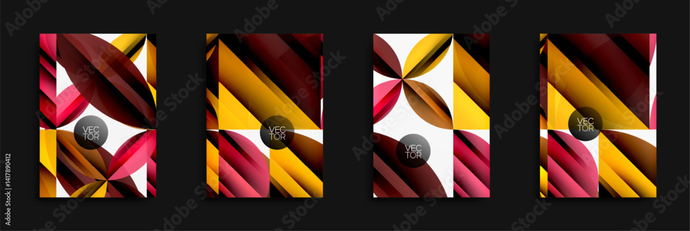 Poster abstract geometric designs. red, gold, white color schemes dominate. modern vector illustrations for