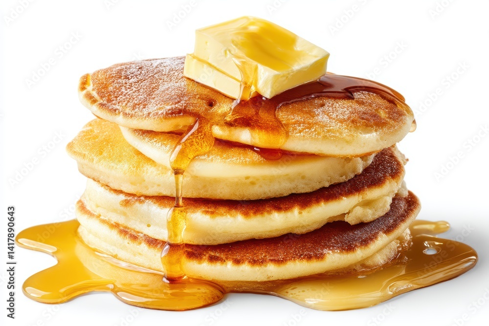 Poster golden fluffy stack of pancake topped with syrup and butter bright background close up view for brea
