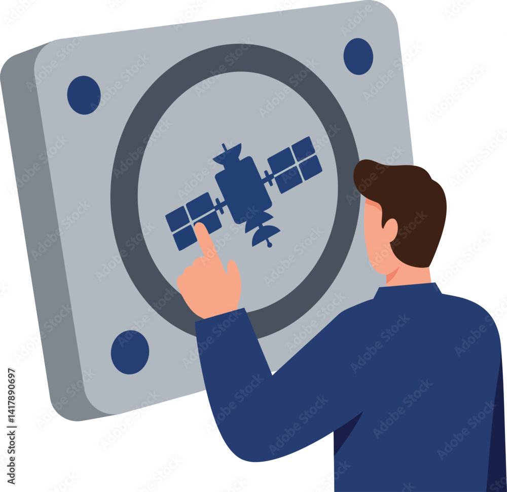 Poster man interacting with digital satellite interface in flat minimal style vector illustration