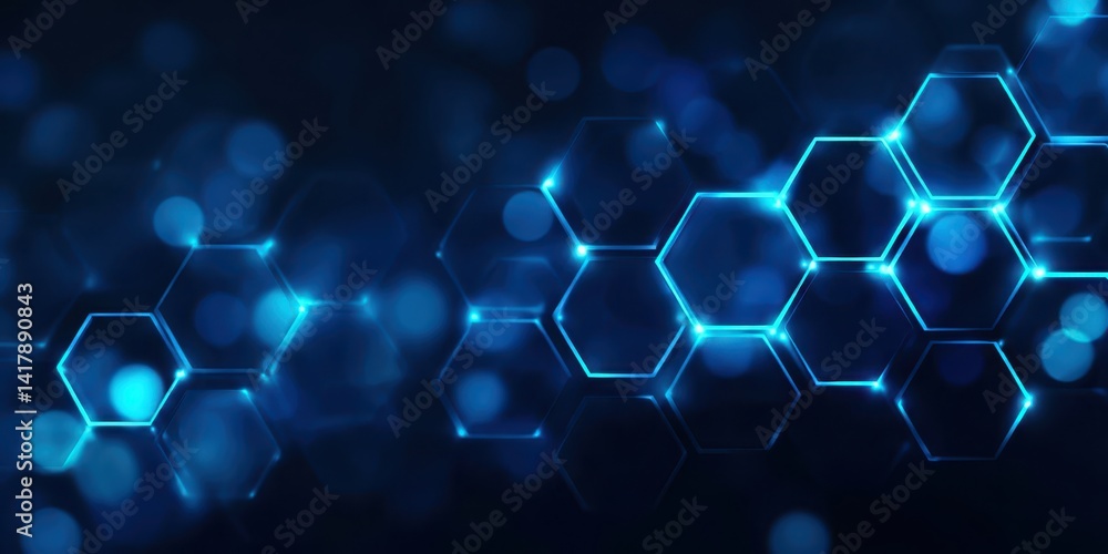 Poster a blue background with a pattern of hexagons