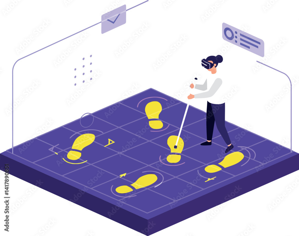 Poster woman exploring virtual reality with footprints and digital interface in minimal isometric style vec