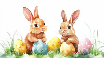2匹のうさぎがイースターエッグに前足をのせて並ぶ水彩イラスト
