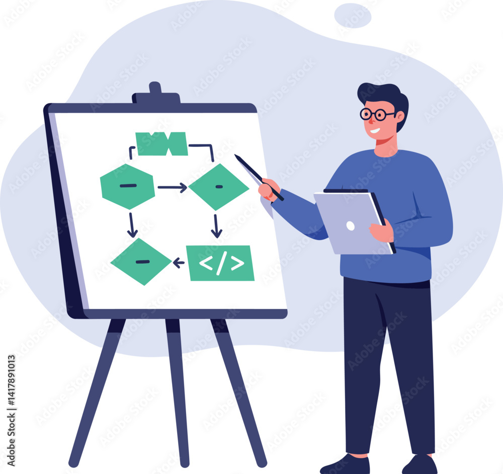 Poster young man explaining software flowchart on whiteboard in flat minimal vector art