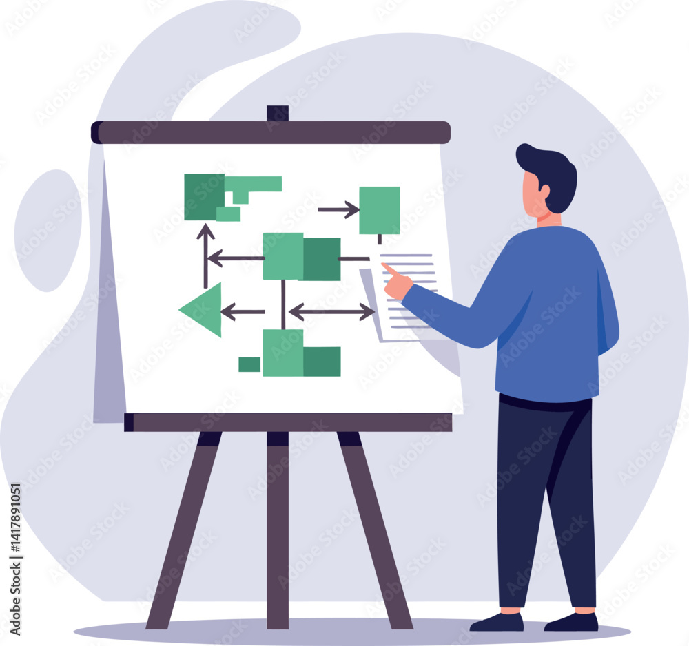 Poster man presenting flowchart on whiteboard in flat design style vector illustration
