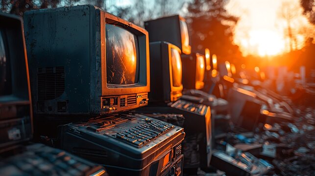 Sunset over a graveyard of vintage computers and CRT monitors. A nostalgic scene of obsolete technology reflecting the golden hour light.