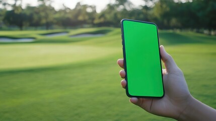 Hand holding smartphone with green screen, outdoors on golf course.