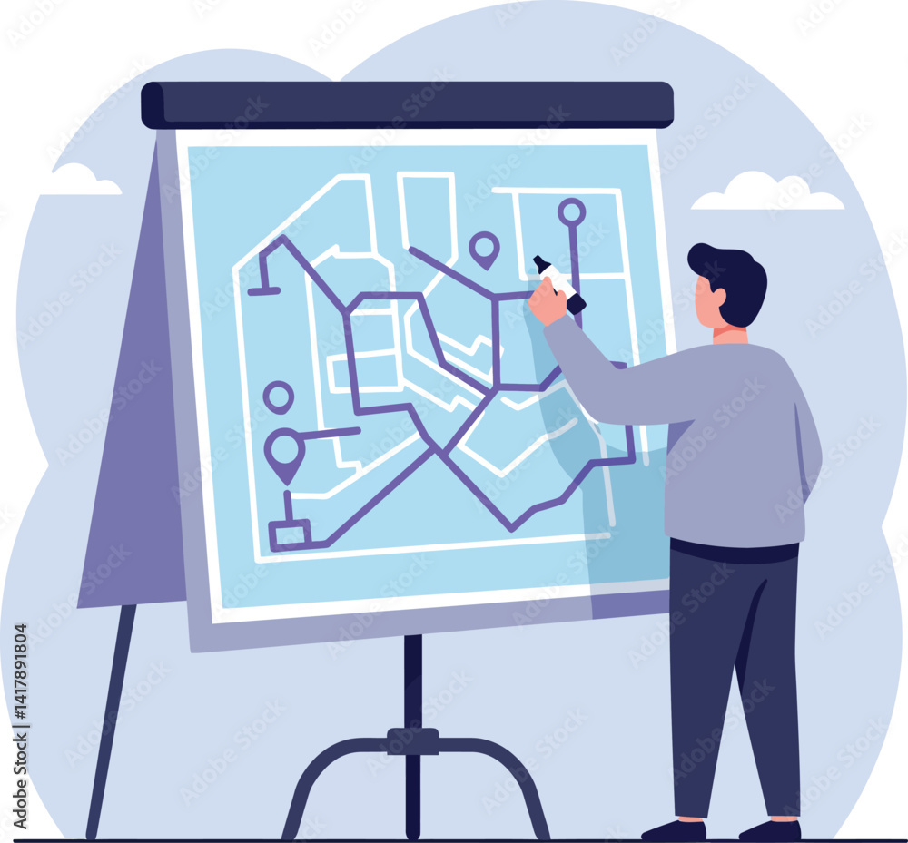 Poster man analyzing city map on tripod flip chart with pins and routes in flat design vector illustration