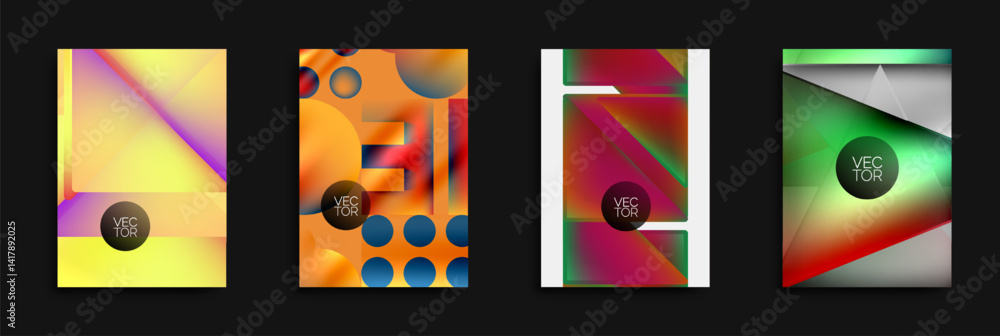 Poster abstract geometric designs. vivid colors blend, creating dynamic compositions. vector graphics sugge