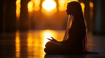 Muslim woman in prayer at sunset in mosque