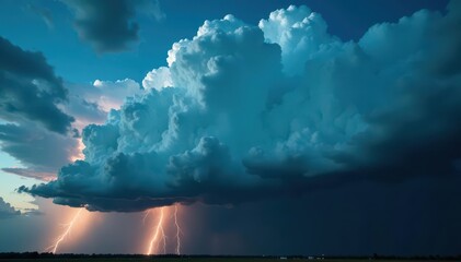 Immense, dark cumulus clouds unleash torrential rain, dramatic lighting , thunder, dark, dark sky