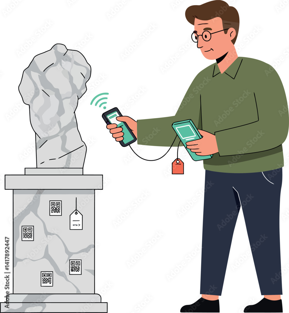 Poster young man using smartphone and tablet to scan qr codes on marble sculpture in minimalist flat vector