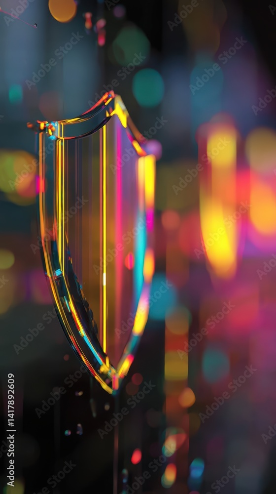 Aufkleber shield against cyber threats visualizing data protection with holographic shield in cyberpunk style