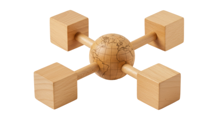 Isolated Wooden Earth Globe connected to Cubes for Global Network Concept