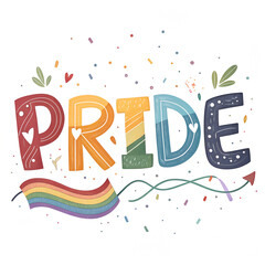 Pride illustration with colorful letters and rainbow elements  