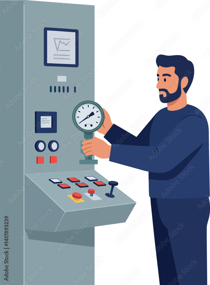 Poster technician man operating control panel with gauges and buttons flat style vector illustration