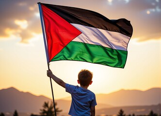 Child Holding Palestinian Flag at Sunset Patriotic Youth National Symbol