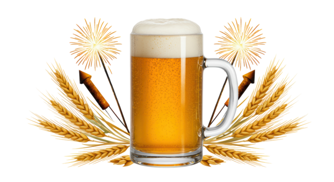 Isolated Festive Beer Mug with Fireworks and Wheat Ears