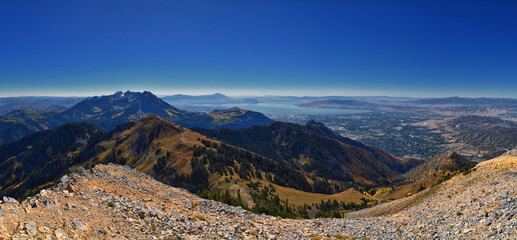 Box Elder Peak view from peak, American Fork Canyon. Lone Peak, Mt Timpanogos Uinta-Wasatch-Cache...