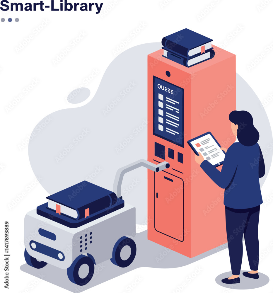 Poster woman interacting with smart library kiosk using digital tablet with autonomous book-carrying robot 