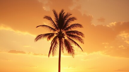 Fototapeta premium Golden Sunset Palm Tree Silhouette Against Vibrant Sky Peaceful Tropical Scene Tranquil Evening Ambiance Serene Nature Image