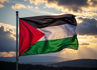 Palestinian Flag Waving at Sunset Dramatic Sky National Symbol