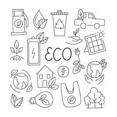 Set of ecology doodle. Isolated on white background