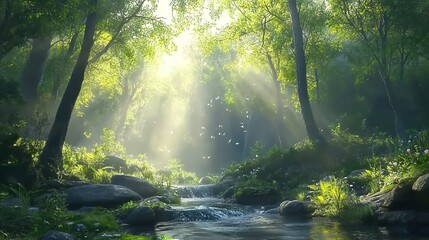 Serene Magical Forest Stream Sunlight Rays Peaceful Nature Scene Tranquil Green Landscape Picturesque Summer Morning Idyllic Woodland River Beautiful 