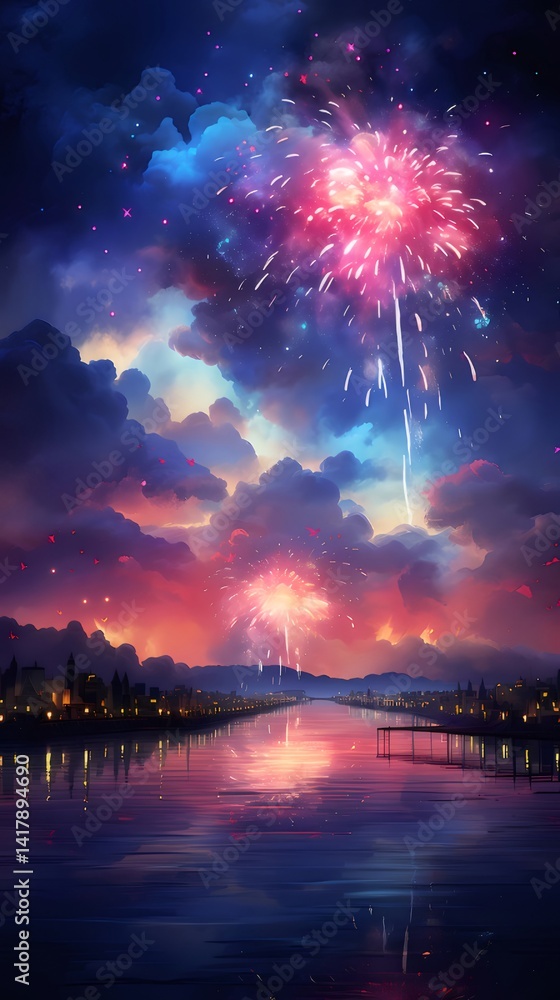 Poster 花火大会 夜空に咲くカラフルな花火が川面に映る美しい風景 祭りの祝祭日 夏の夜景